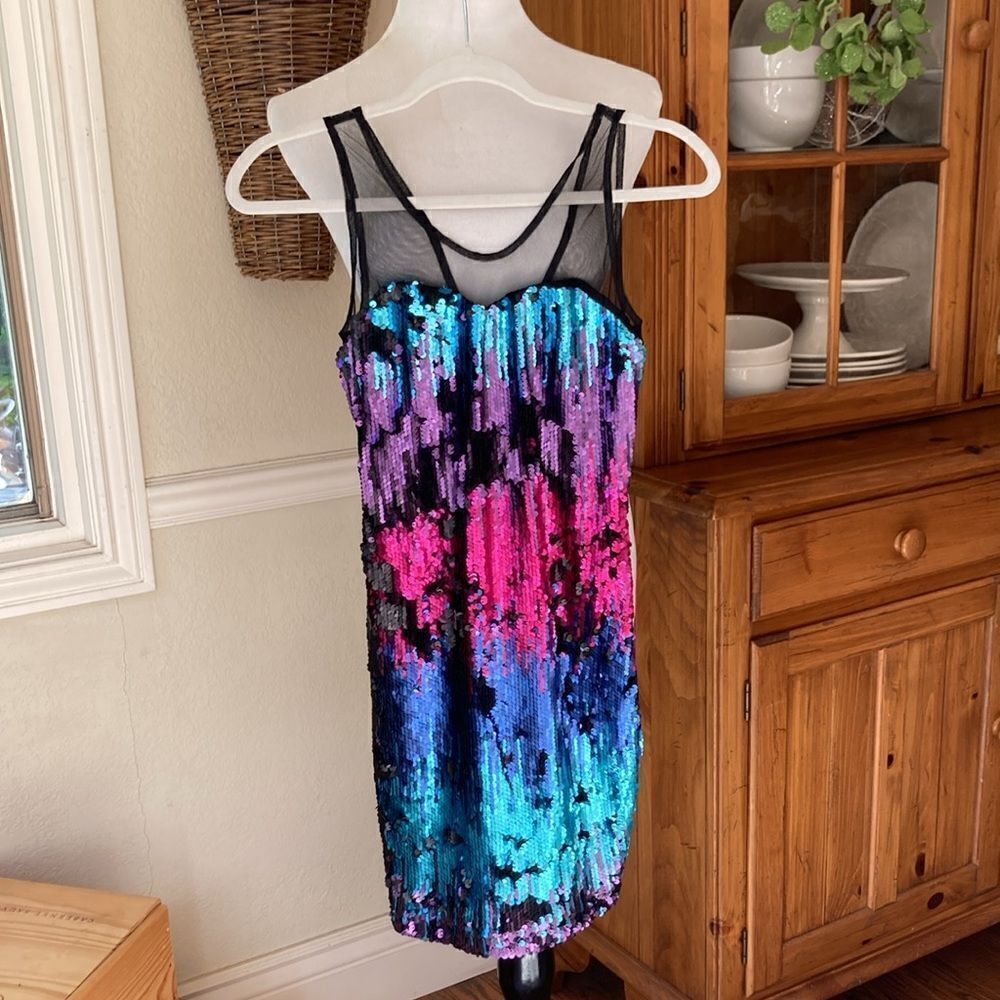New Esley Multi Color Sequined Party Dress with Mesh Neckline Size S